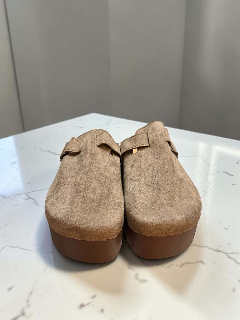 Fashion Platform Clog Mules Brown Suede Buckle Size 8W
